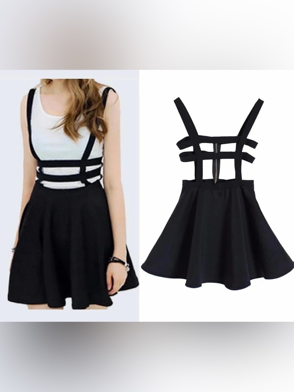 Allegra K Black Scuba Skater Mini Skirt Suspender Strap Zip High Rise XS